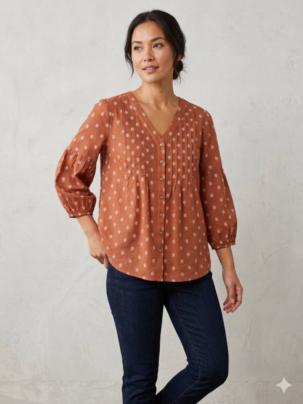 J Jill cotton blend terra cotta clip-dot pintuck blouse, size MP
